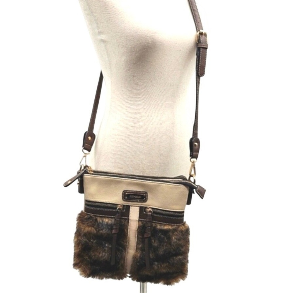 Coco + Carmen Brown Faux Fur Vegan Leather Crossbody Bag Multi Zip Pocket Boho